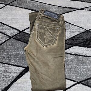 ROCK REVIVAL VEVA EMBROIDERED FLEUR-DE-LIS OLIVE-BROWN SKINNY DENIM JEAN